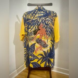Avanti Silk Back Panel Hawaiian Shirt - Yellow and Blue Hula Girl